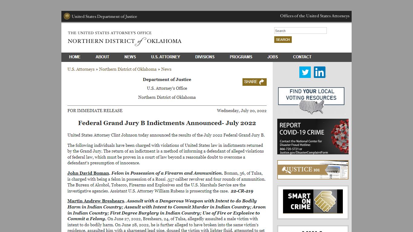 Federal Grand Jury B Indictments Announced- July 2022